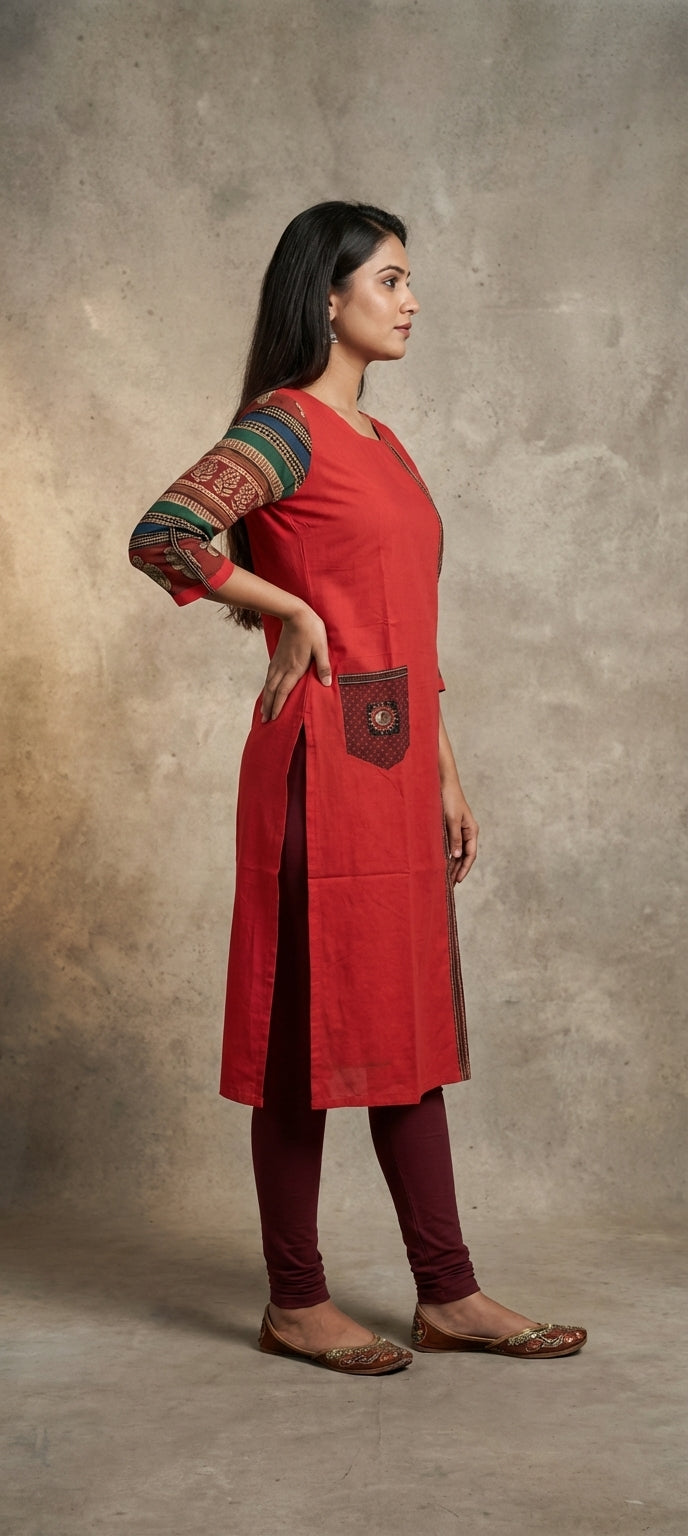 Traditional Mirror Work Embroidery Straight Long Kurti - TOMATO RED
