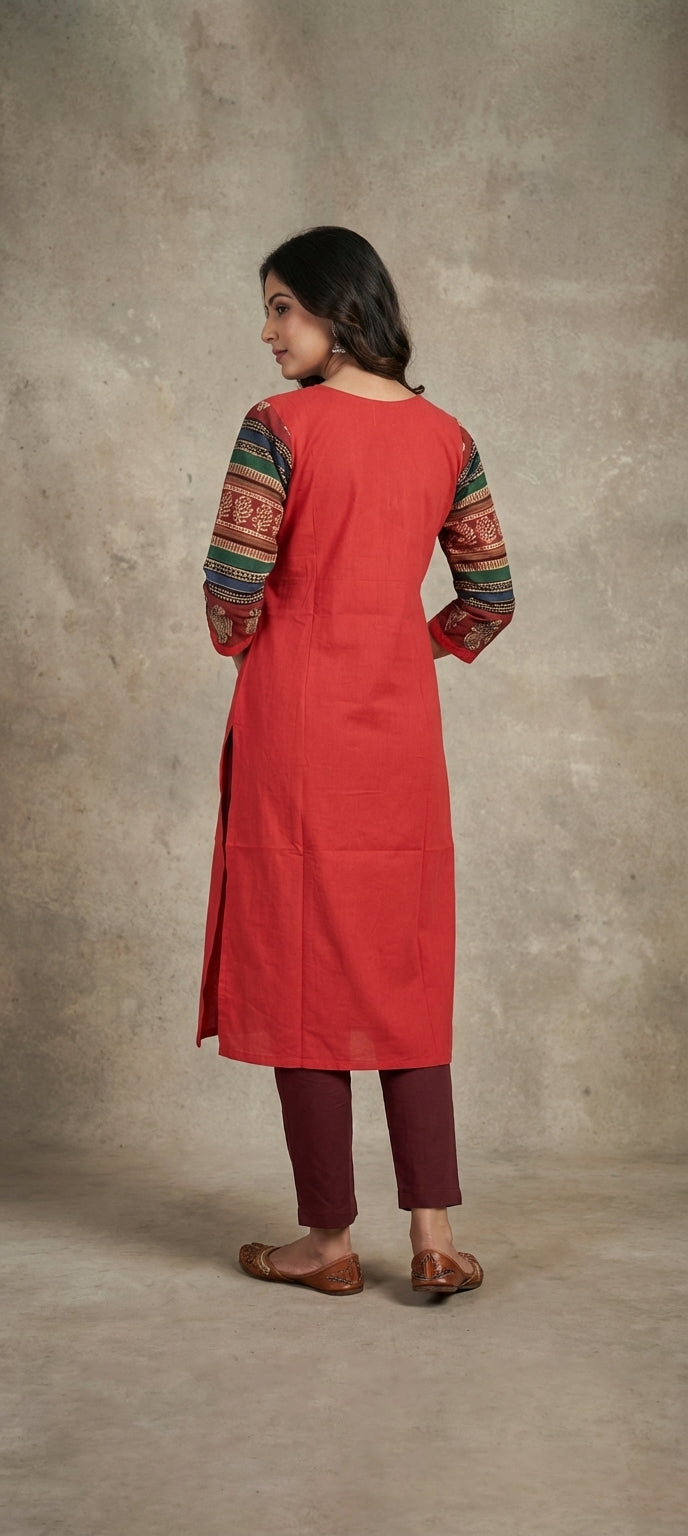 Traditional Mirror Work Embroidery Straight Long Kurti - TOMATO RED