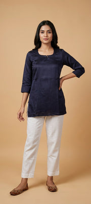 Premium Plain Gaji Silk Short Kurti - NAVY BLUE