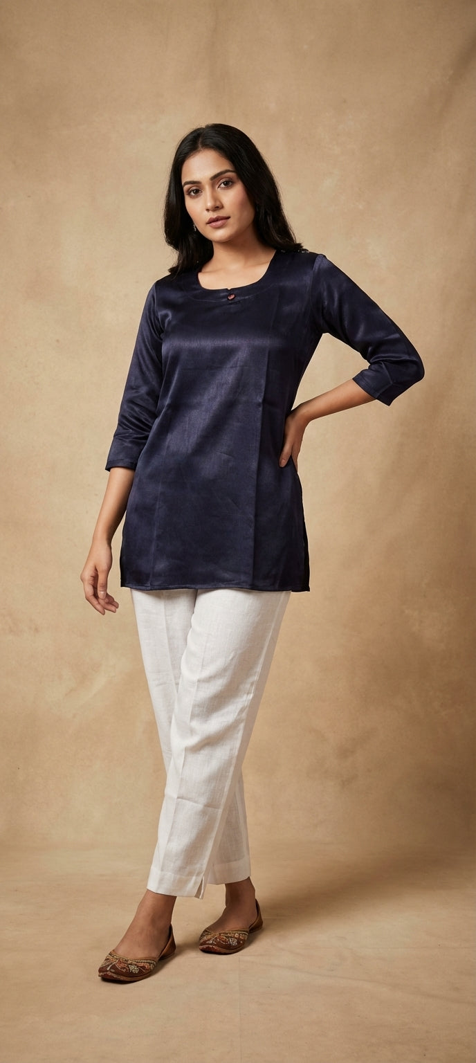 Premium Plain Gaji Silk Short Kurti - NAVY BLUE
