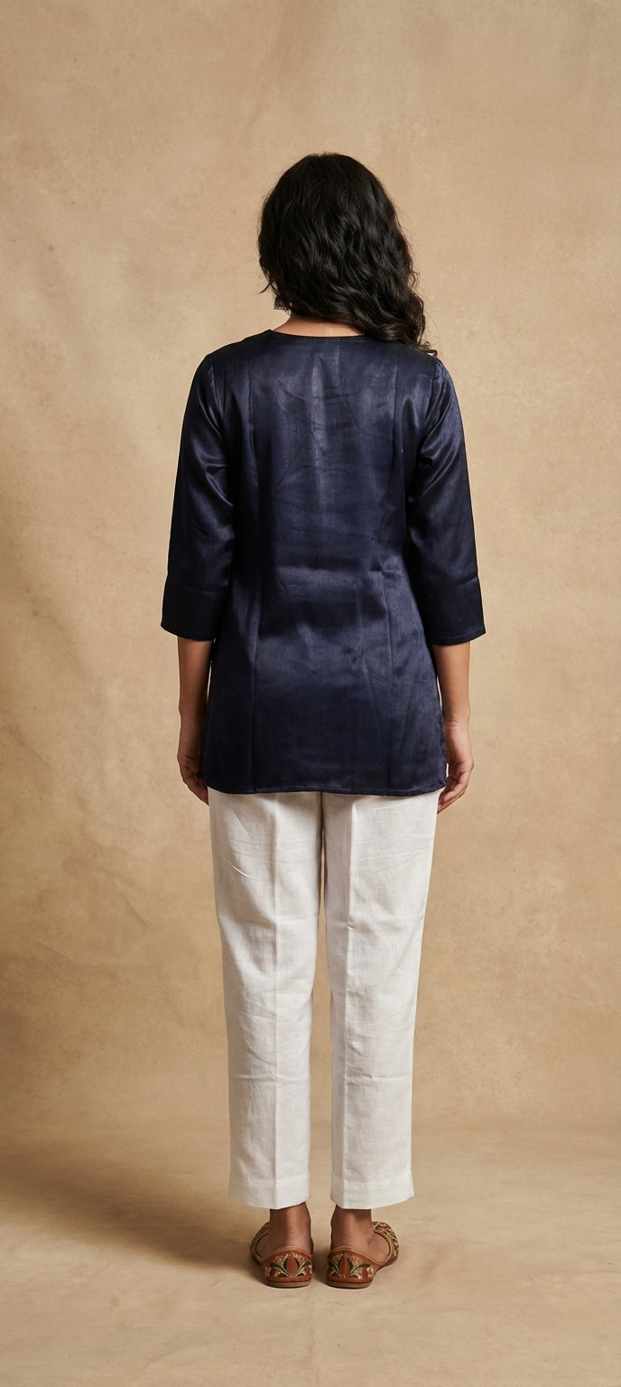 Premium Plain Gaji Silk Short Kurti - NAVY BLUE