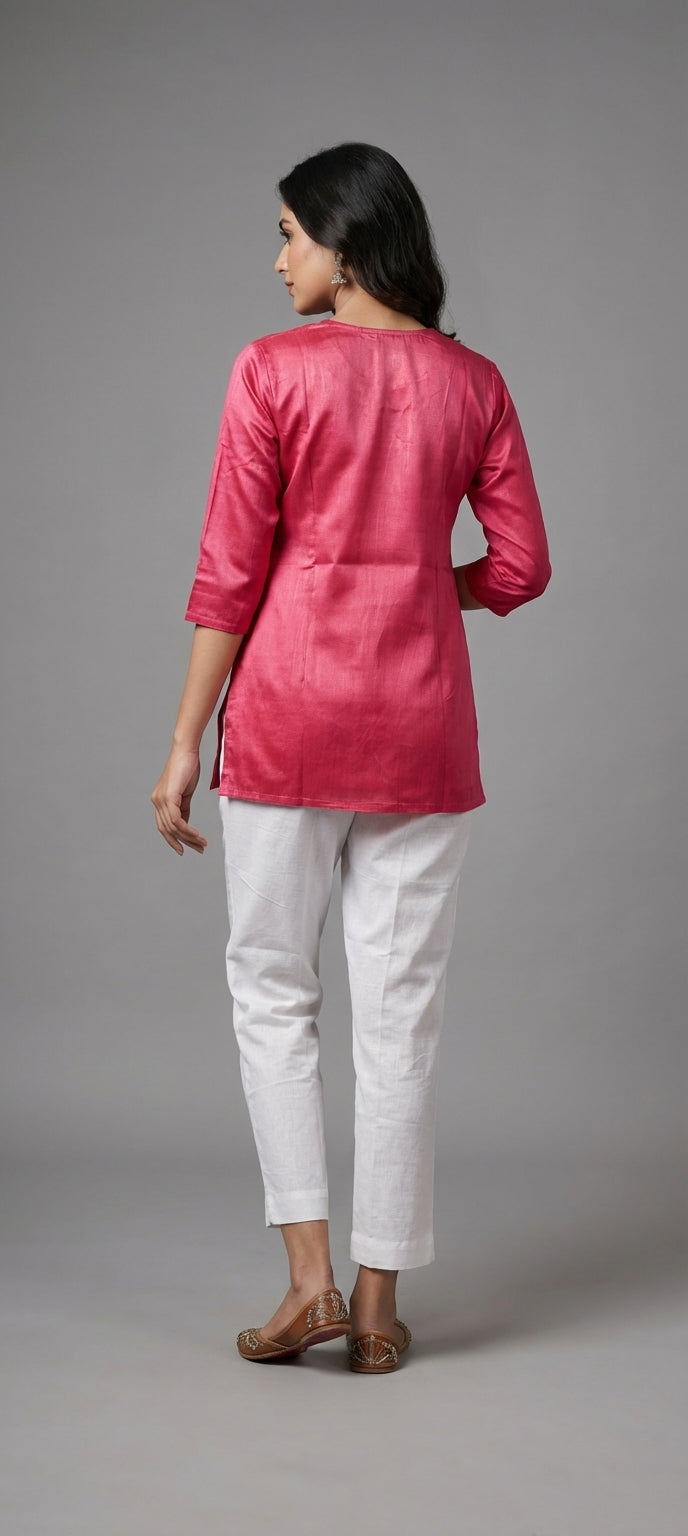 Premium Plain Gaji Silk Short Kurti - PINK