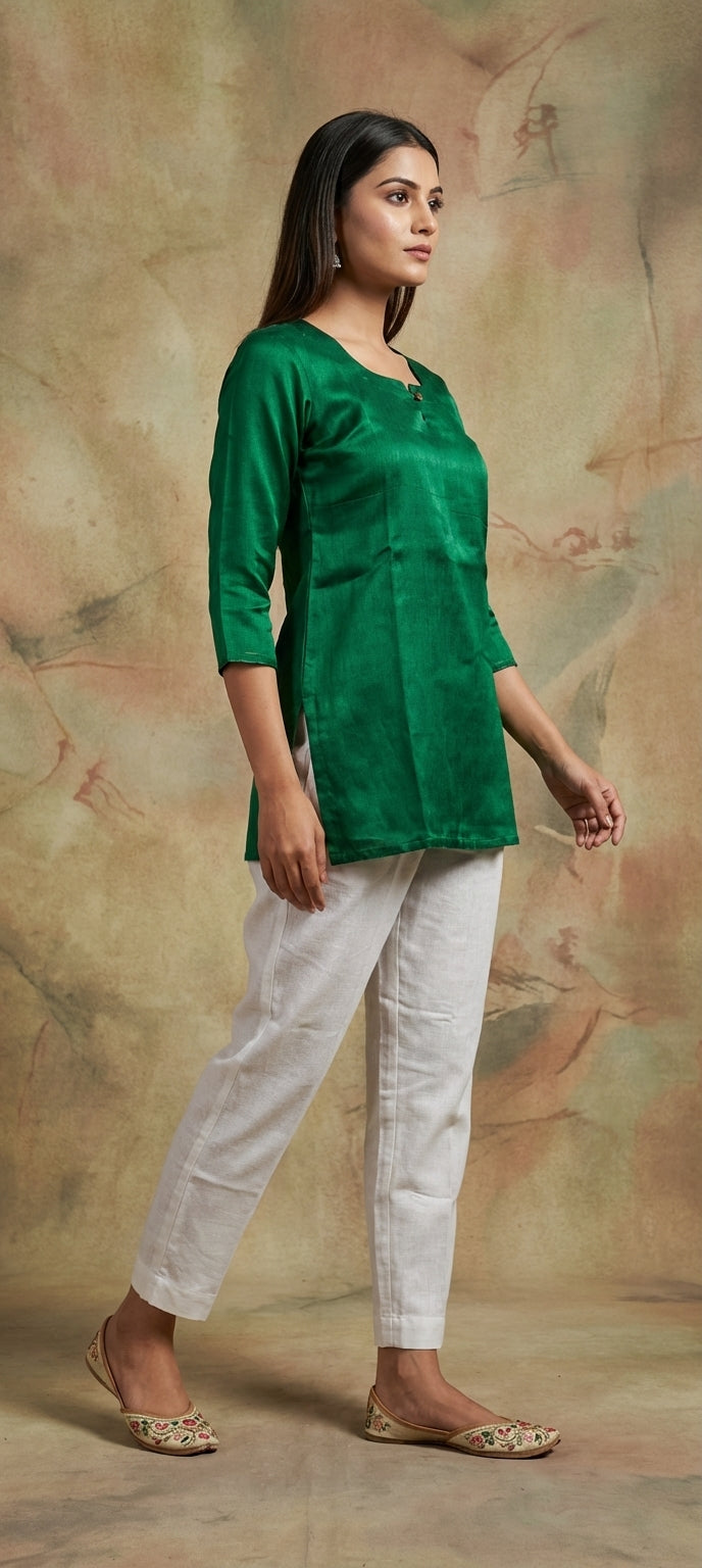 Premium Plain Gaji Silk Short Kurti - GREEN