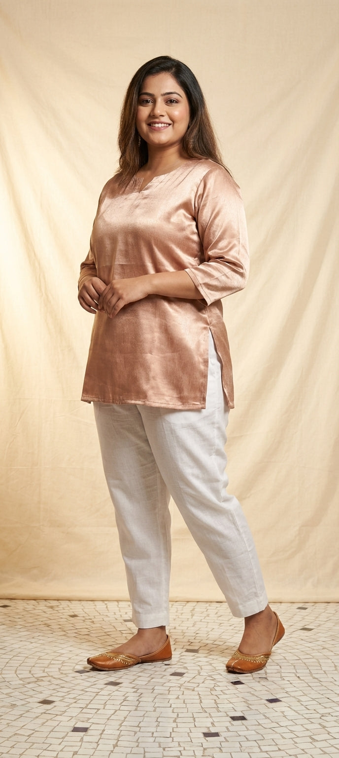 Soft Finish Plain Gaji Silk Kurti -BEIGE