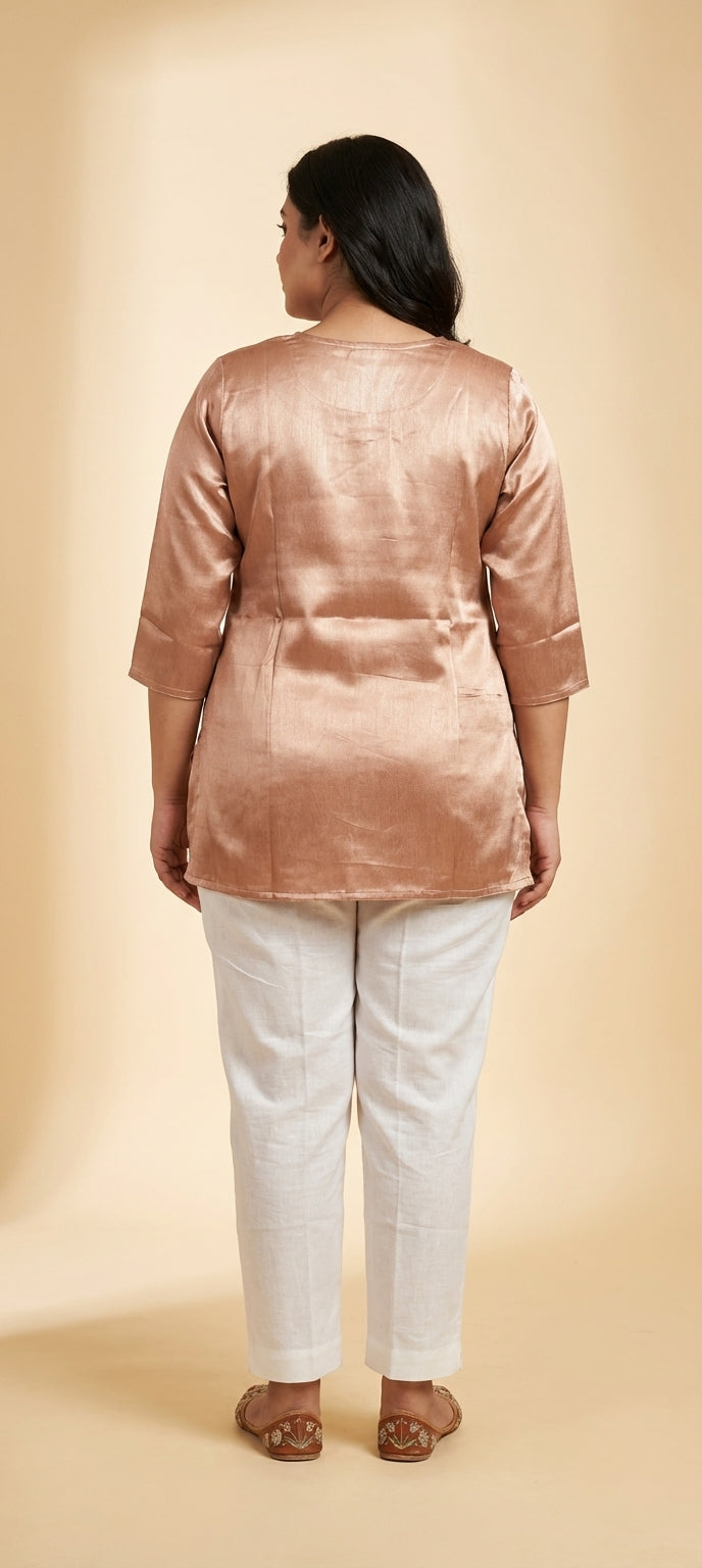 Soft Finish Plain Gaji Silk Kurti -BEIGE