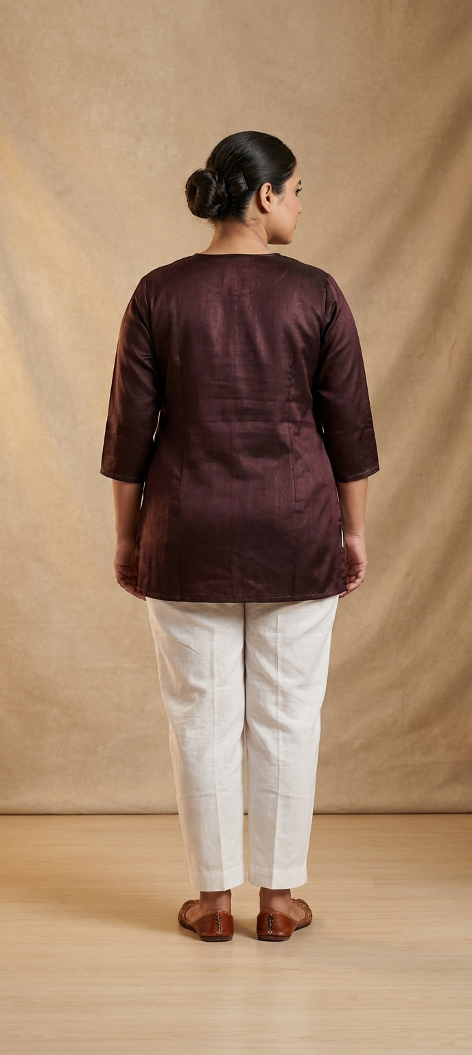 Premium Plain Gaji Silk Short Kurti - DARK WINE