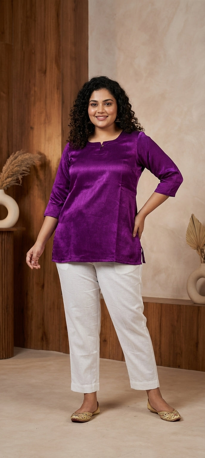 Premium Plain Gaji Silk Short Kurti -  PURPLE