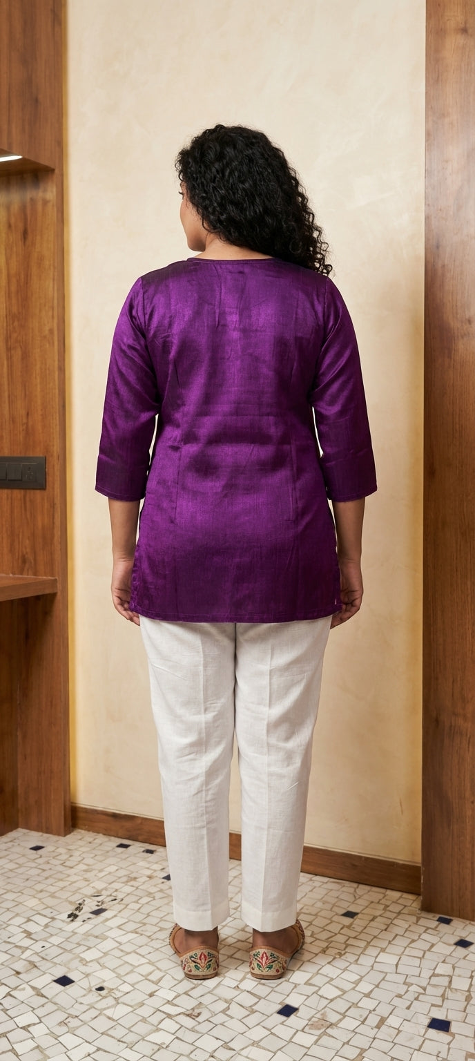 Premium Plain Gaji Silk Short Kurti -  PURPLE
