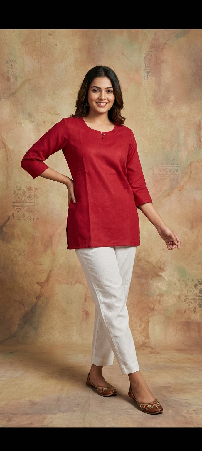 Premium Plain Gaji Silk Short Kurti - DARK RED