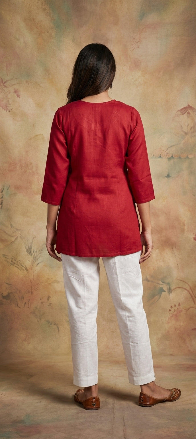 Premium Plain Gaji Silk Short Kurti - DARK RED