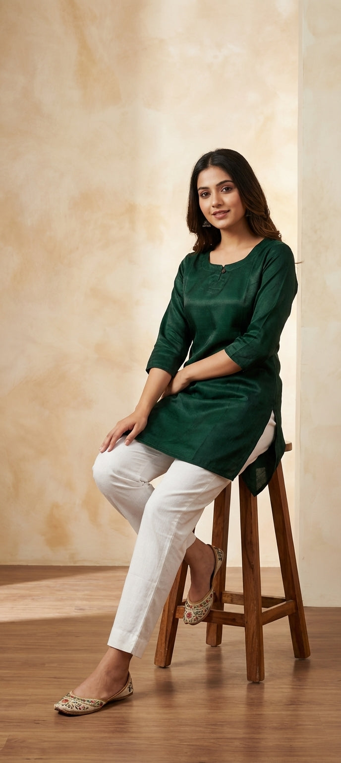 Premium Plain Gaji Silk Short Kurti - BOTTLE GREEN