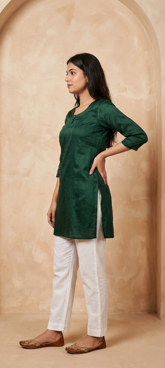 Premium Plain Gaji Silk Short Kurti - BOTTLE GREEN