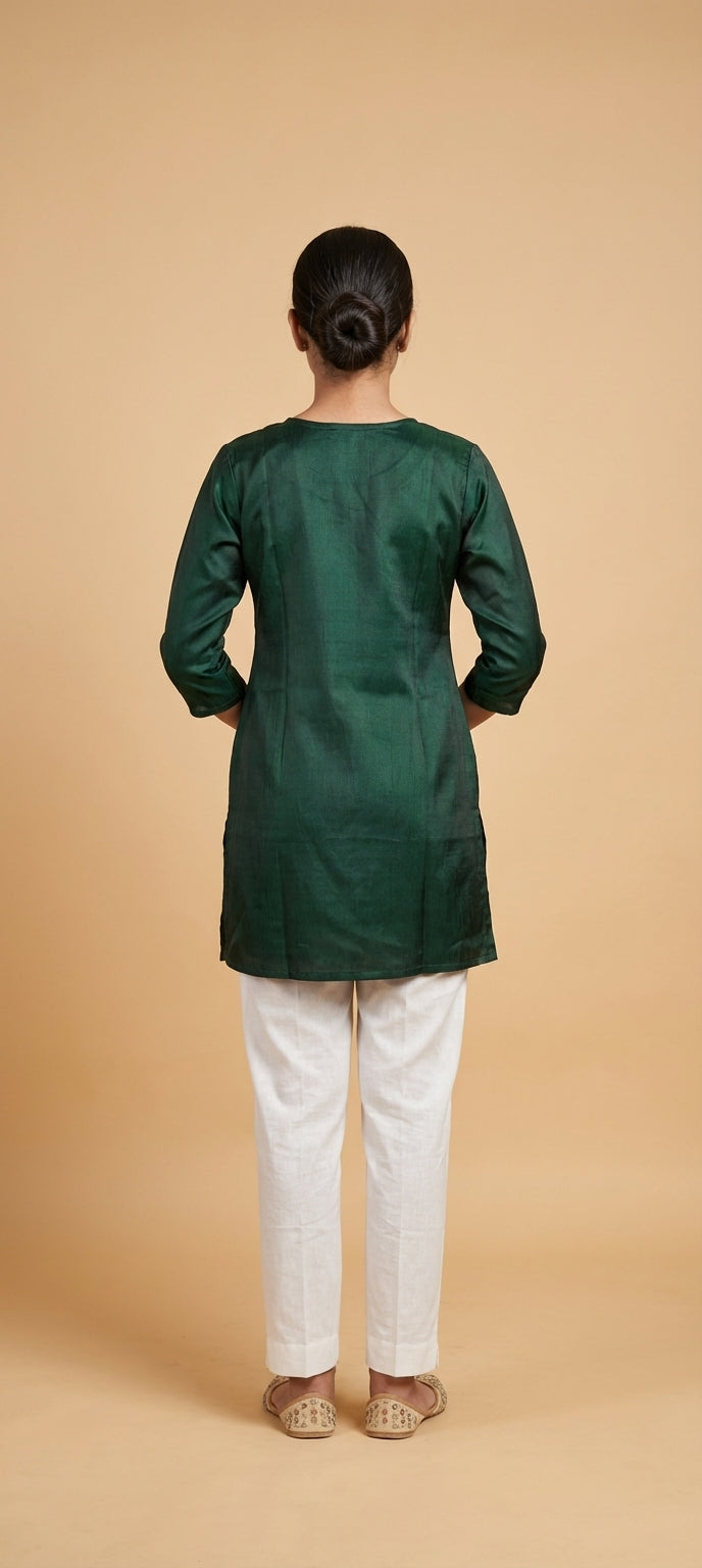 Premium Plain Gaji Silk Short Kurti - BOTTLE GREEN