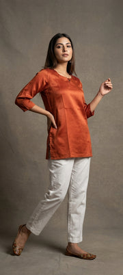 Premium Plain Gaji Silk Short Kurti - RUST