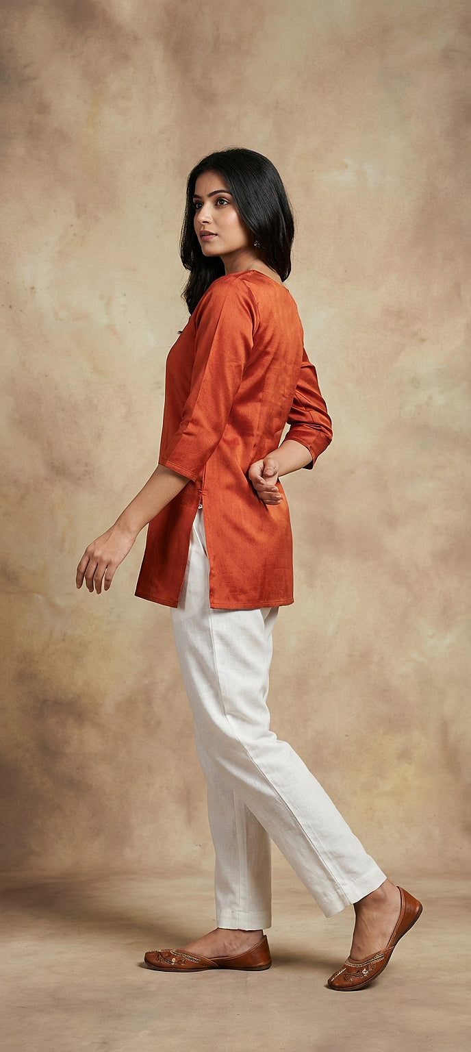 Premium Plain Gaji Silk Short Kurti - RUST