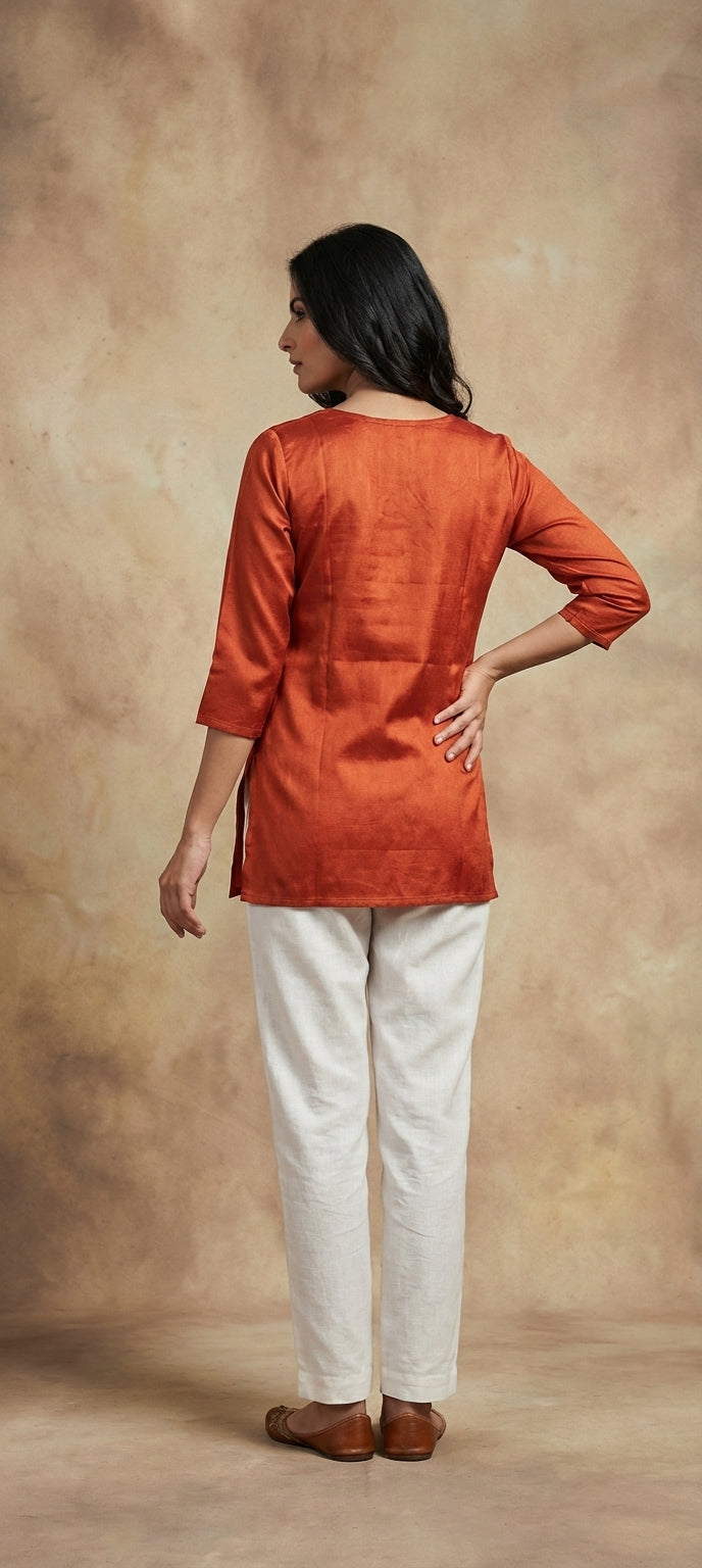 Premium Plain Gaji Silk Short Kurti - RUST