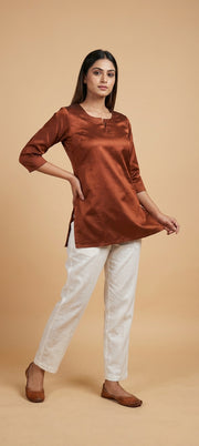Premium Plain Gaji Silk Short Kurti - BROWN