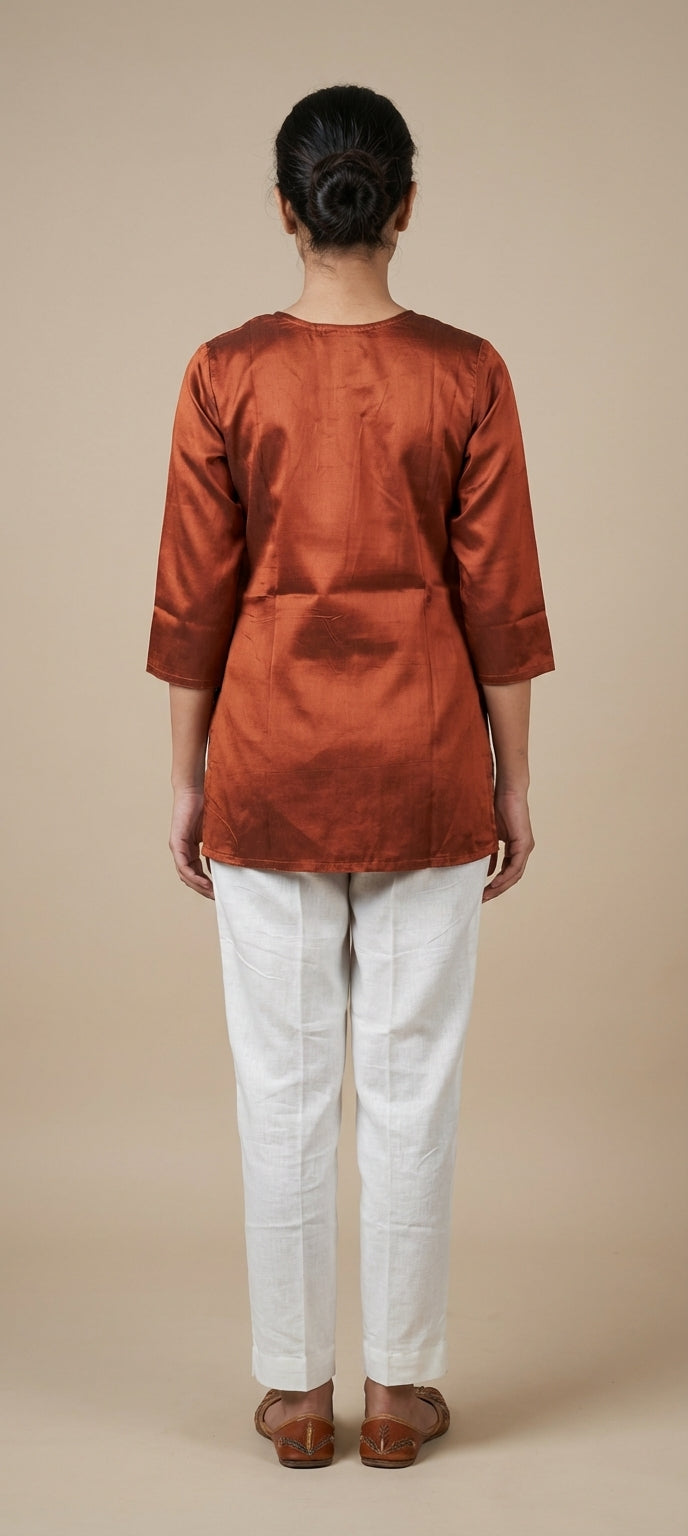 Premium Plain Gaji Silk Short Kurti - BROWN