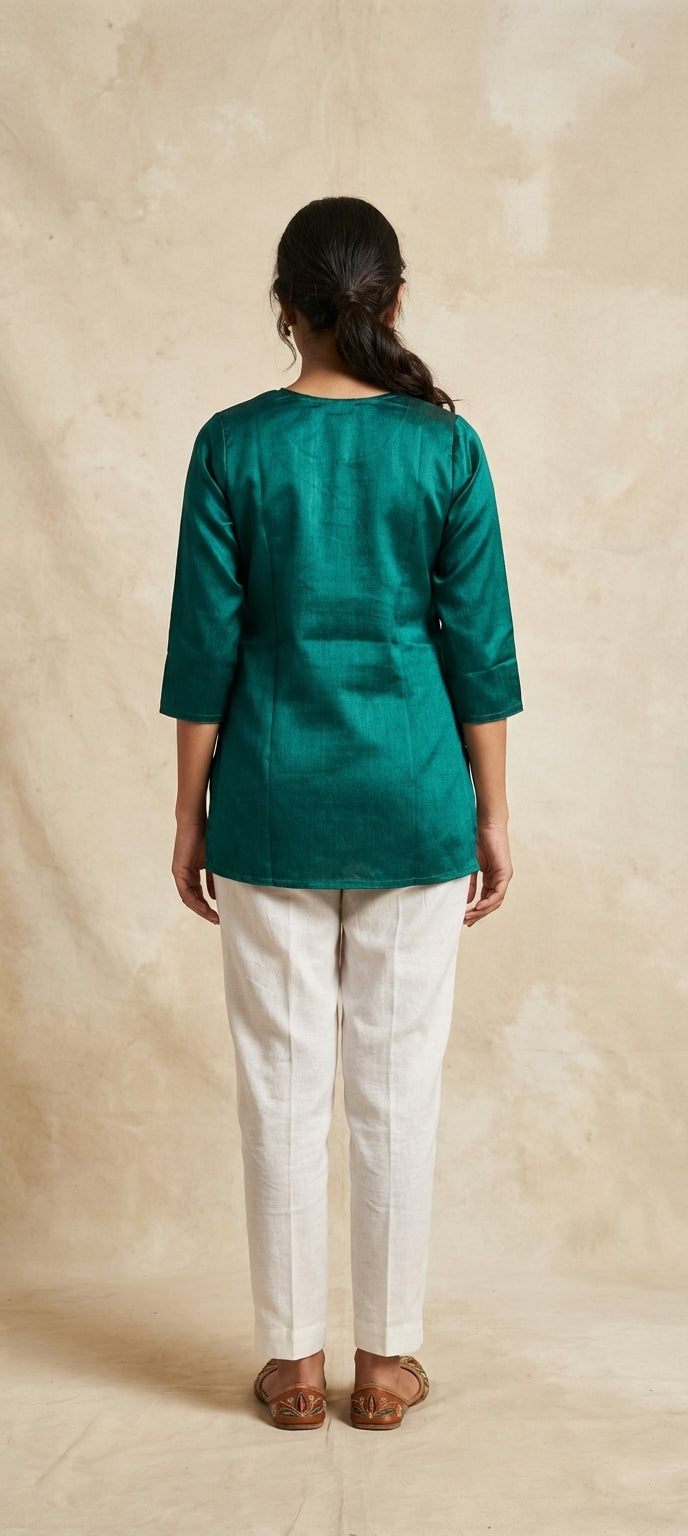 Premium Plain Gaji Silk Short Kurti - GREEN