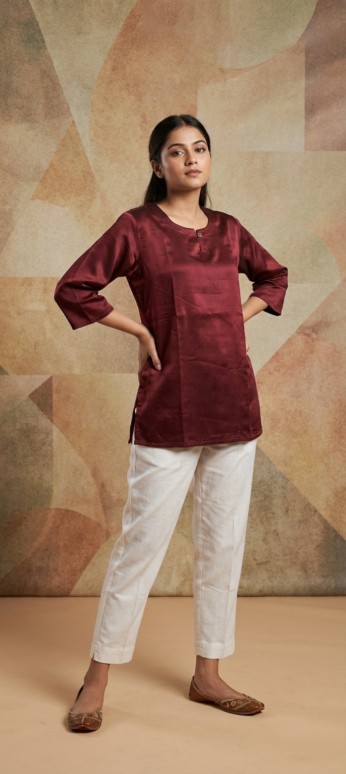 Premium Plain Gaji Silk Short Kurti - DARK BROWN
