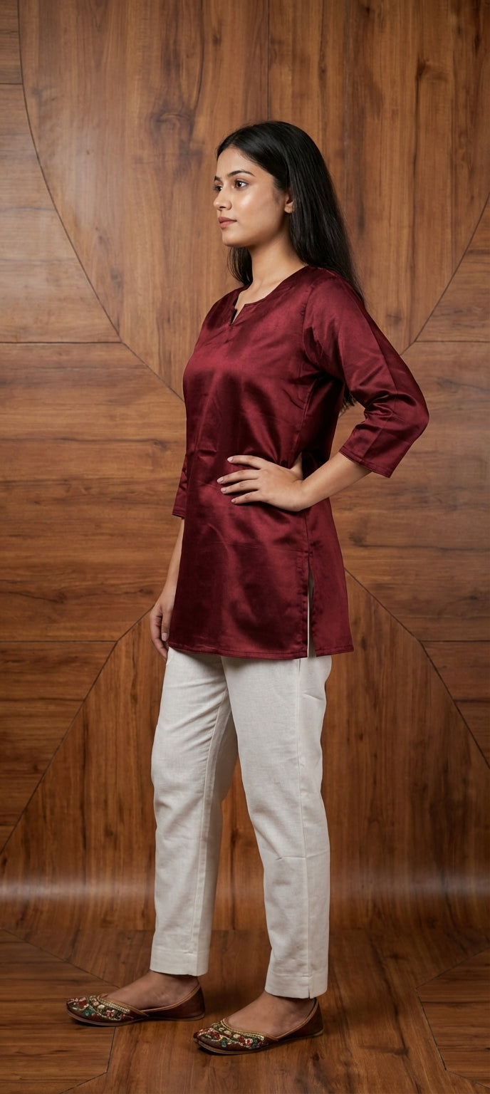 Premium Plain Gaji Silk Short Kurti - DARK BROWN