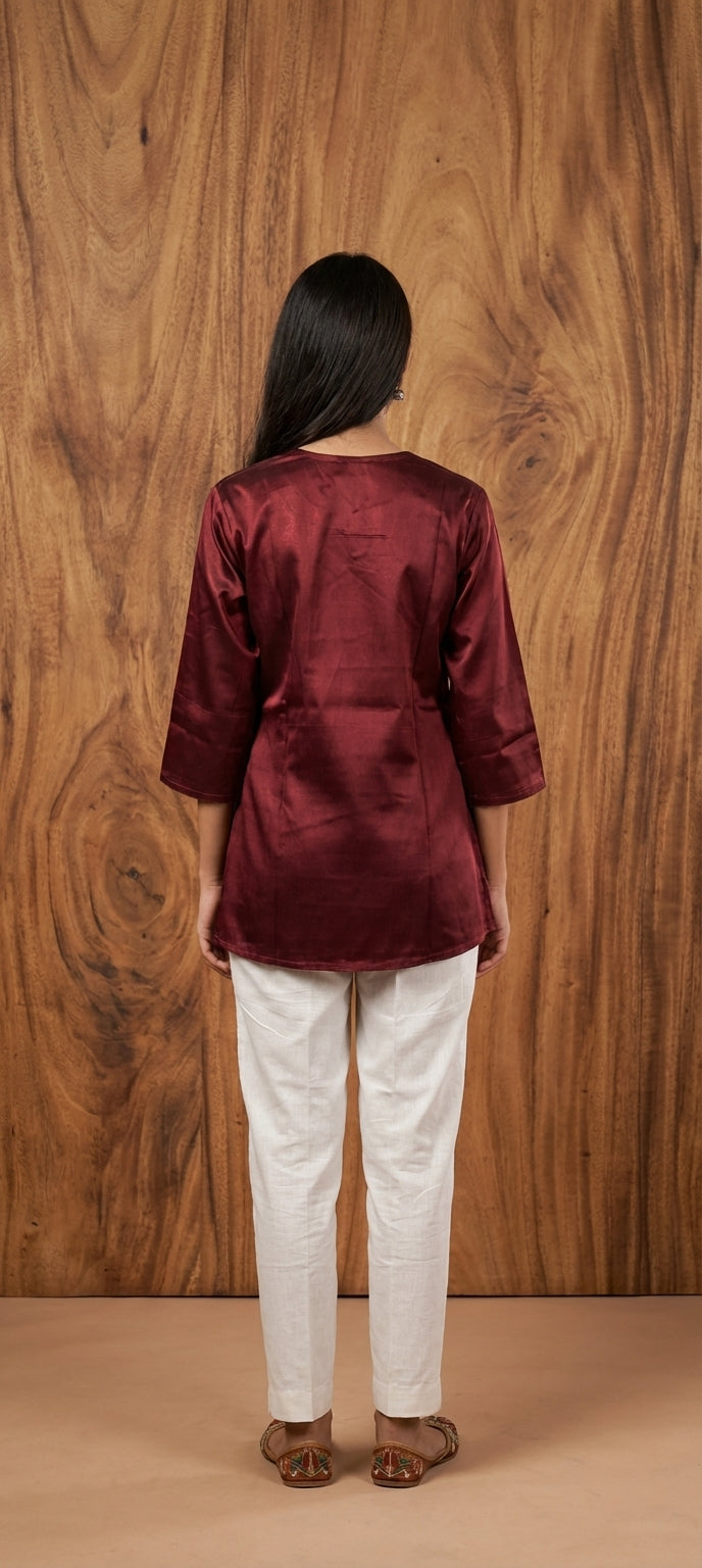 Premium Plain Gaji Silk Short Kurti - MAROON