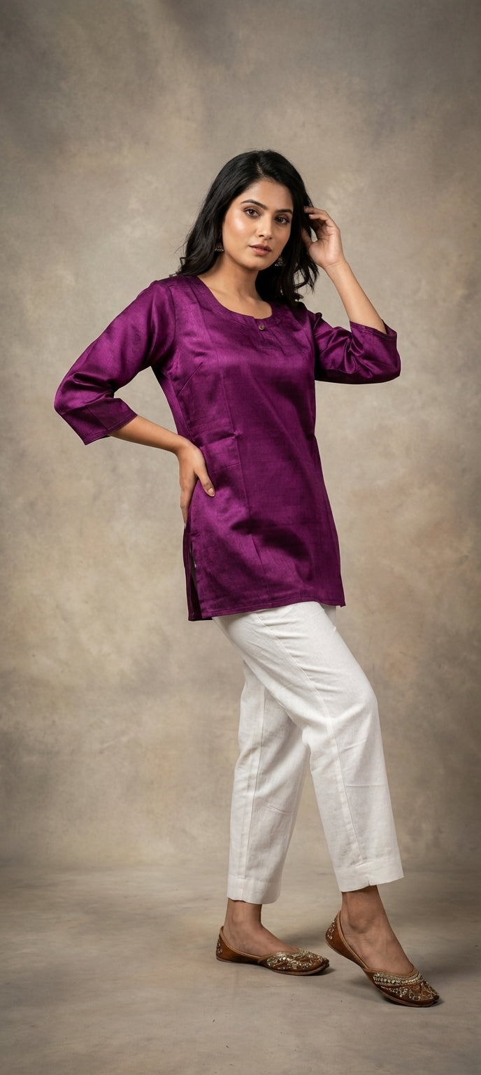 Premium Plain Gaji Silk Short Kurti - DARK PURPLE