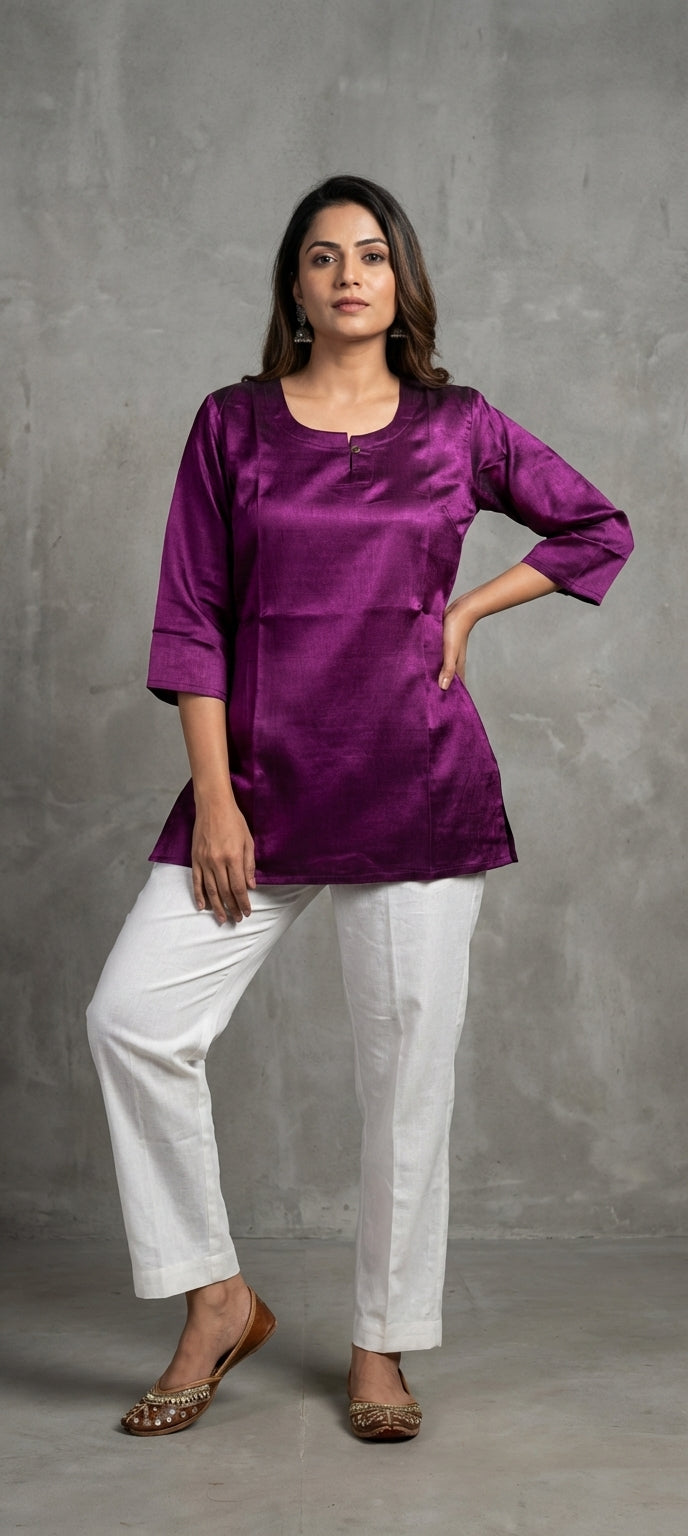 Premium Plain Gaji Silk Short Kurti - DARK PURPLE