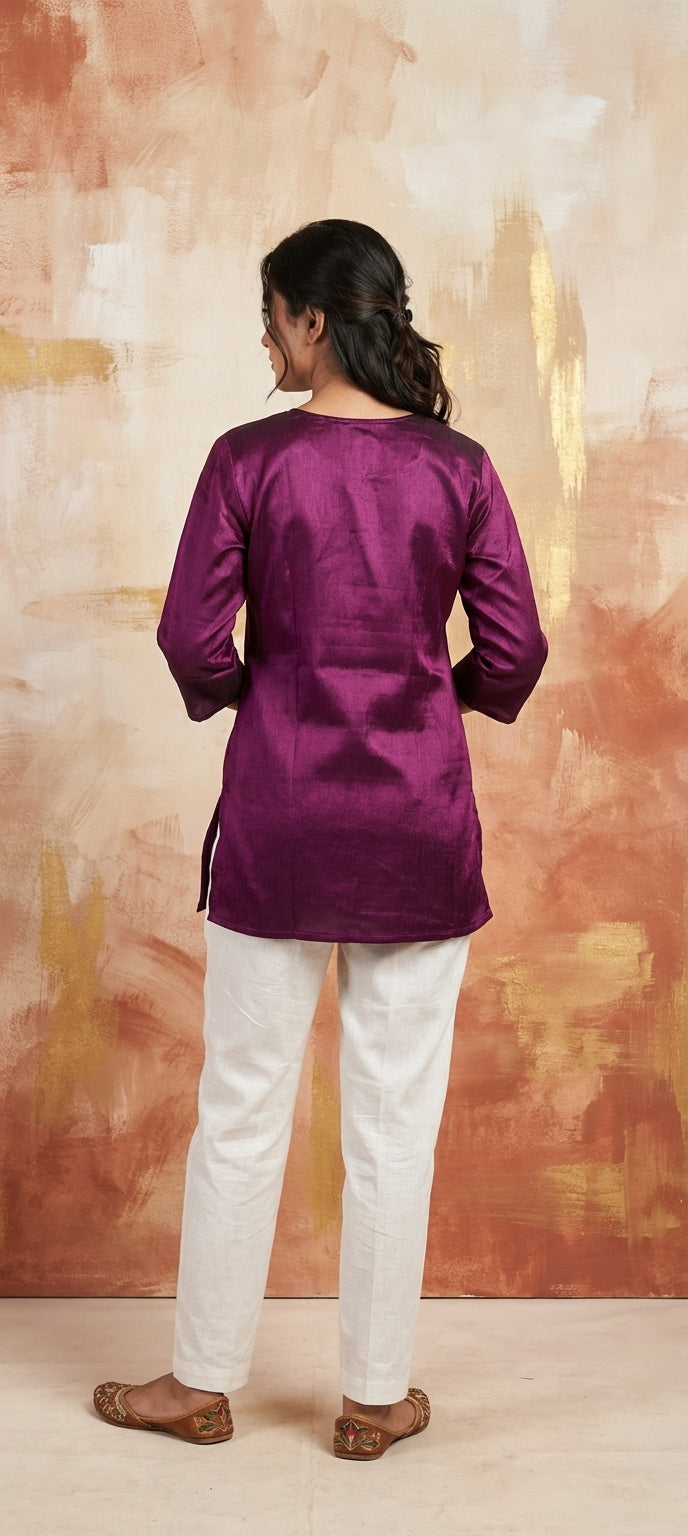 Premium Plain Gaji Silk Short Kurti - DARK PURPLE