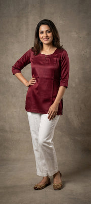 Premium Plain Gaji Silk Short Kurti - LIGHT WINE