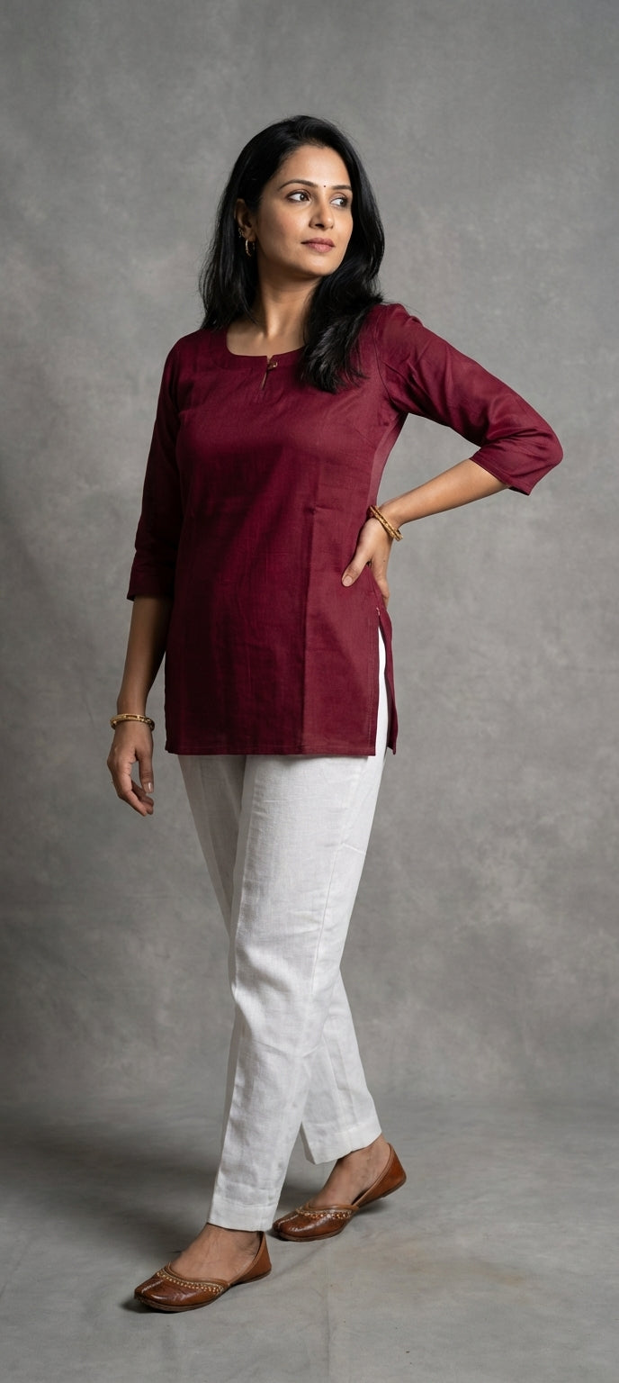 Premium Plain Gaji Silk Short Kurti - LIGHT WINE