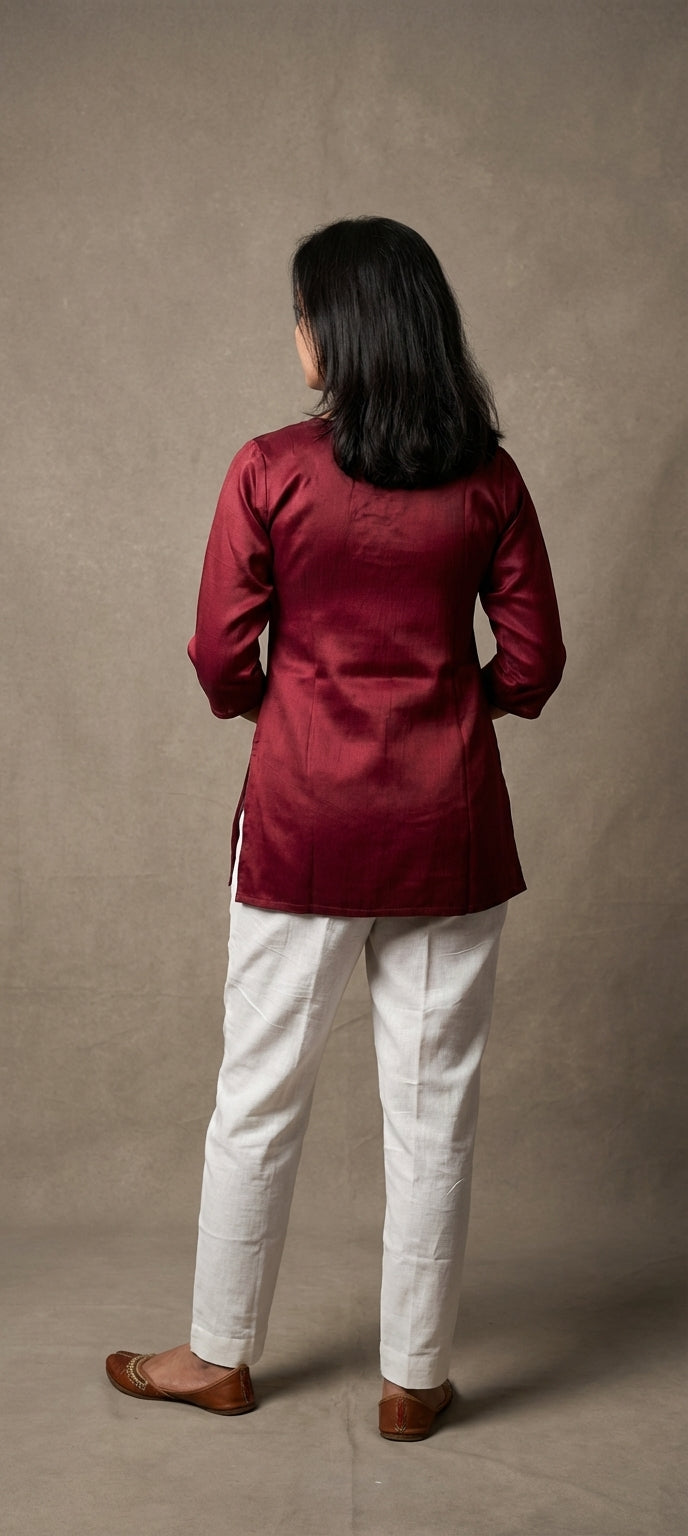 Premium Plain Gaji Silk Short Kurti -WINE