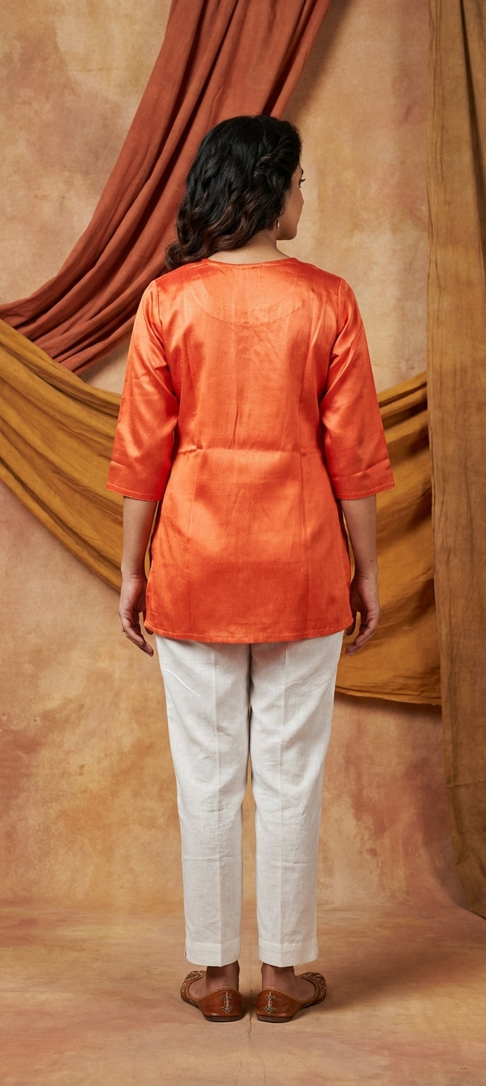 Premium Plain Gaji Silk Short Kurti - PEACH