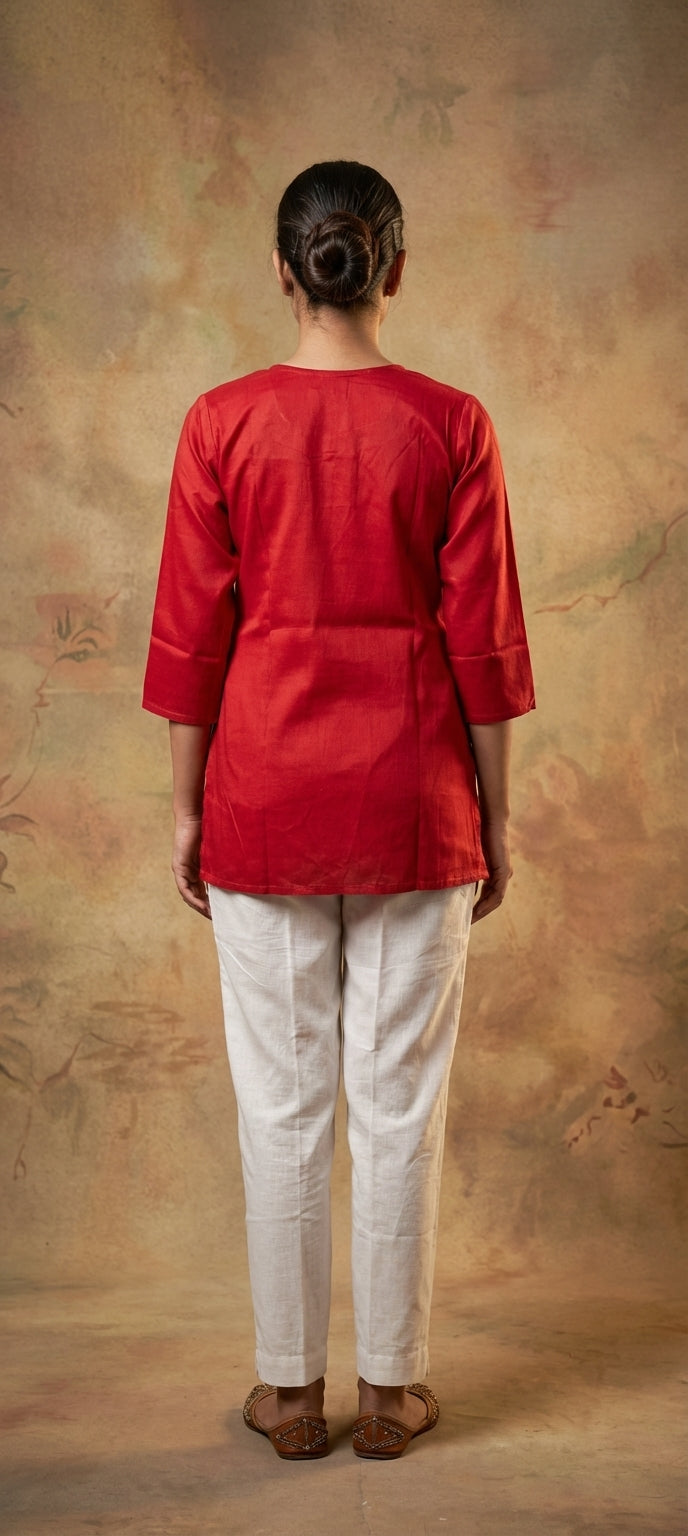 Premium Plain Gaji Silk Short Kurti - RED