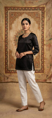 Premium Plain Gaji Silk Short Kurti - BLACK