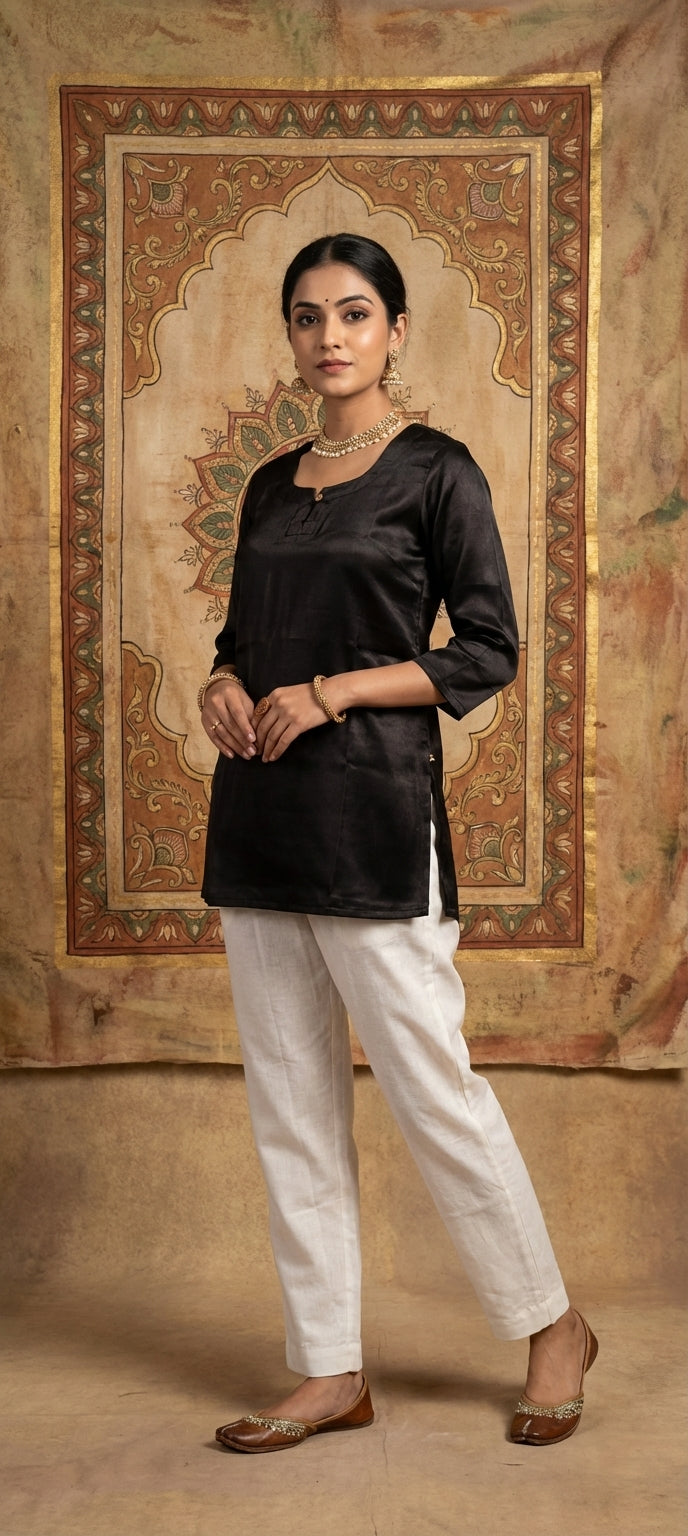 Premium Plain Gaji Silk Short Kurti - BLACK