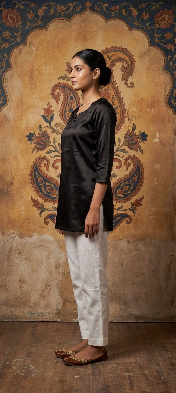 Premium Plain Gaji Silk Short Kurti - BLACK