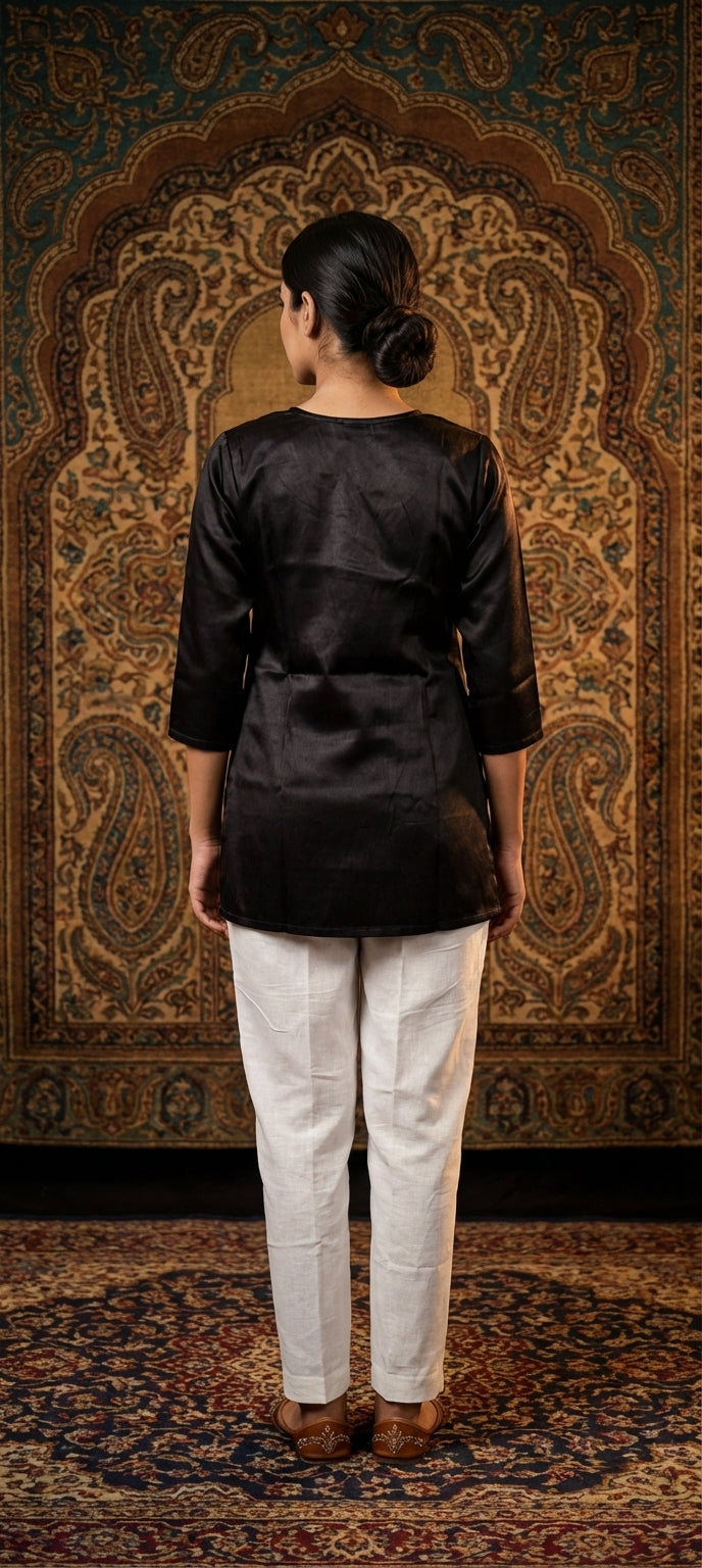 Premium Plain Gaji Silk Short Kurti - BLACK