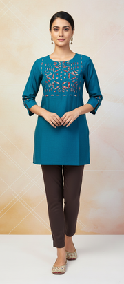 Cotton Short Kurti with Peach Handwork - TEAL