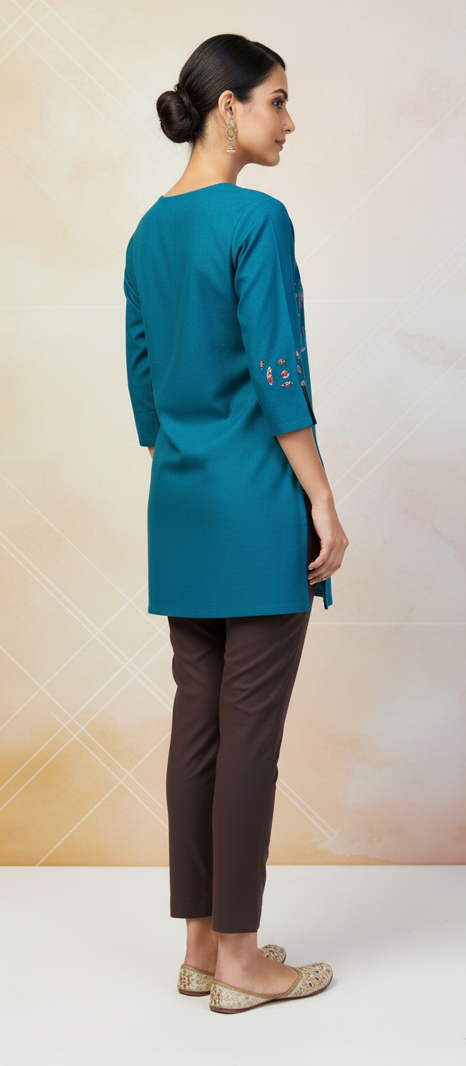 Cotton Short Kurti with Peach Handwork - TEAL