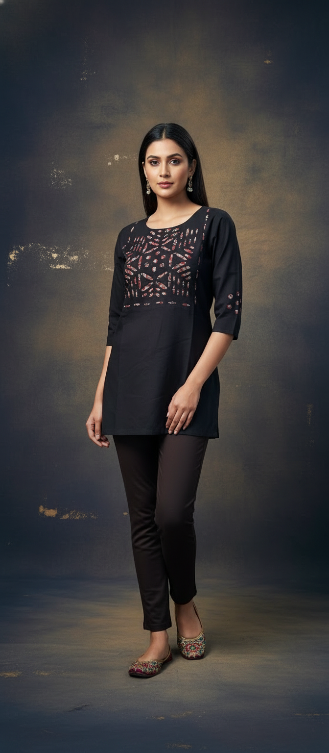 Peach Elegant Work Short Kurti - BLACK