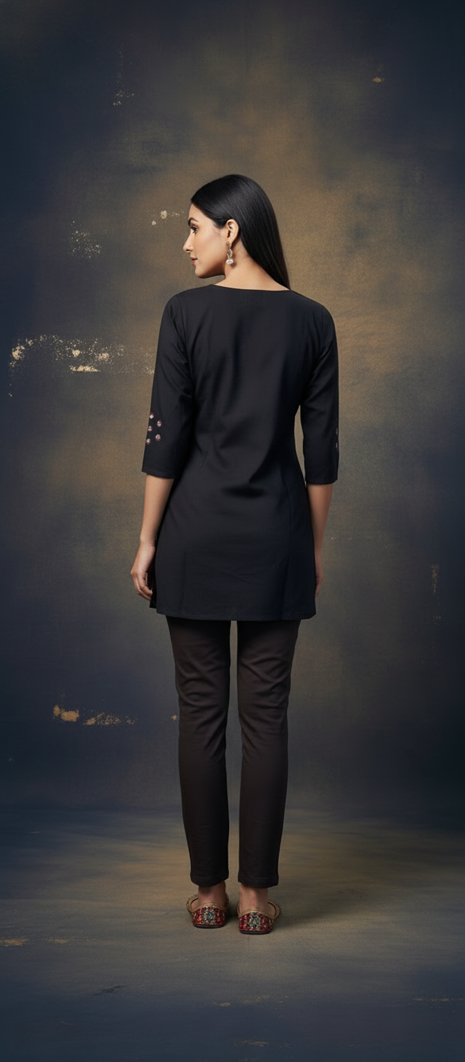 Peach Elegant Work Short Kurti - BLACK