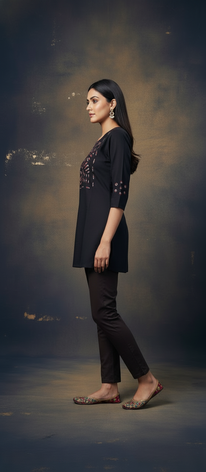 Peach Elegant Work Short Kurti - BLACK