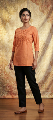 Peach Embroidered Straight Short Kurti - ORANGE