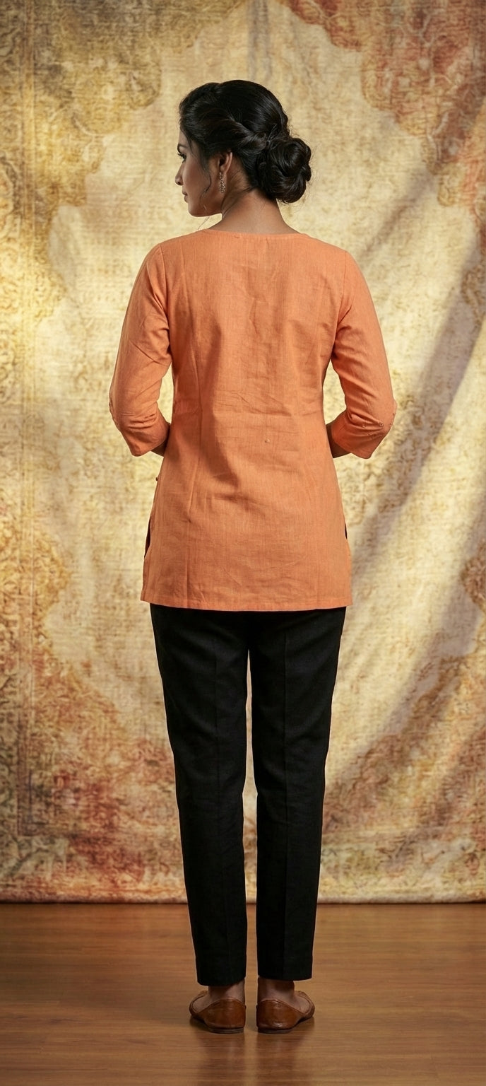 Peach Embroidered Straight Short Kurti - ORANGE
