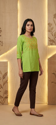 Elegant Peach Thread Work Short Kurti- PARROT GREEN