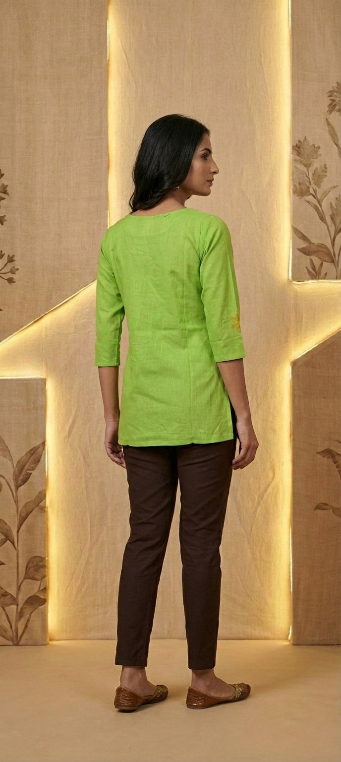 Elegant Peach Thread Work Short Kurti- PARROT GREEN