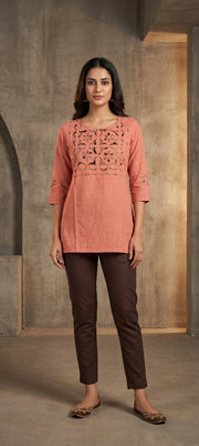 Peach Thread Work Short Kurti -LIGHT PEACH