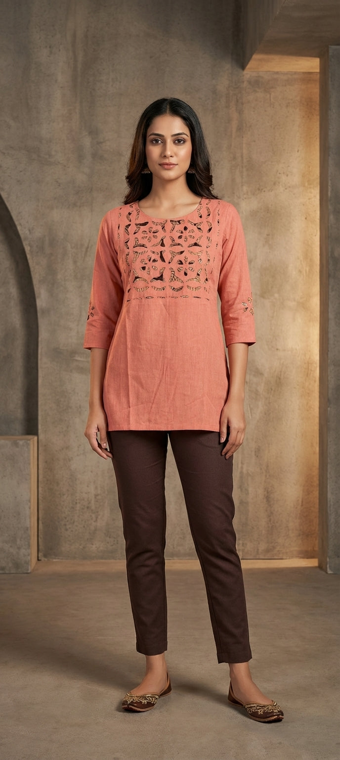 Peach Thread Work Short Kurti -LIGHT PEACH