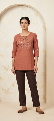 Peach Handwork Short Kurti - Onion peach